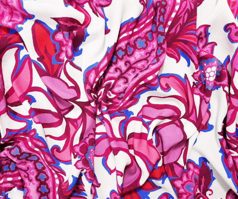 Pink-White-Multi Viscose Floral Crepe Faille Designer Fabric