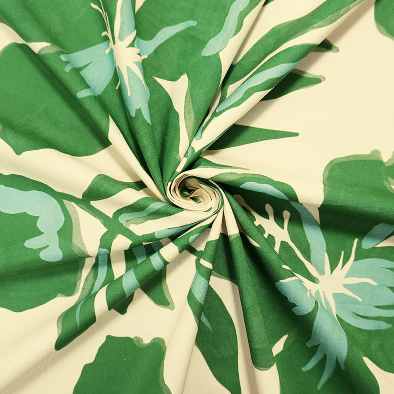 Green-Beige Cotton Floral Printed Poplin Woven Famous Designer Fabric