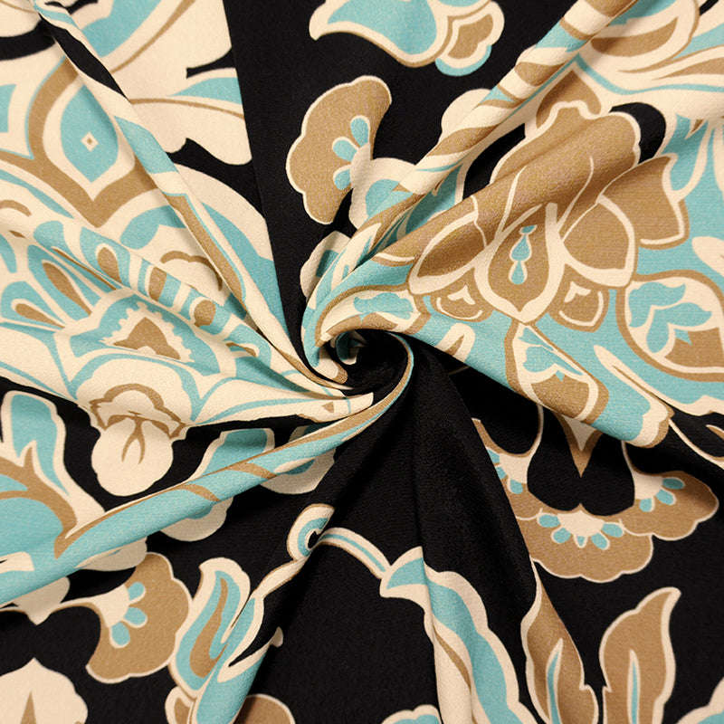 Black-Teal-Brown Viscose Floral Crepe Faille Designer Fabric