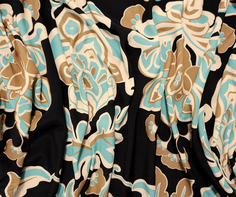 Black-Teal-Brown Viscose Floral Crepe Faille Designer Fabric