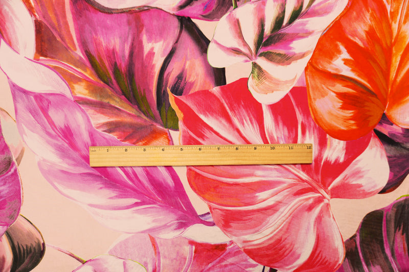 Pink-Multi Cupro Leaves Printed Woven Famous Designer Fabric