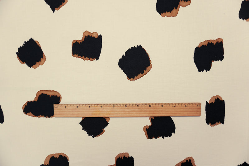 Ivory-Black-Brown Viscose Abstract Spot Twill Designer Fabric