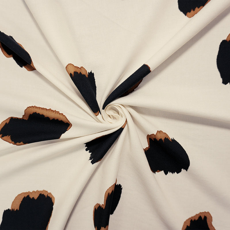 Ivory-Black-Brown Viscose Abstract Spot Twill Designer Fabric