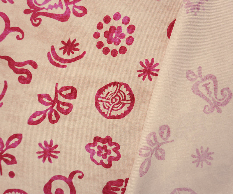Beige-Pink Viscose Floral Border Twill Famous Designer Fabric