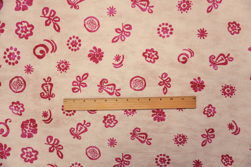 Beige-Pink Viscose Floral Border Twill Famous Designer Fabric