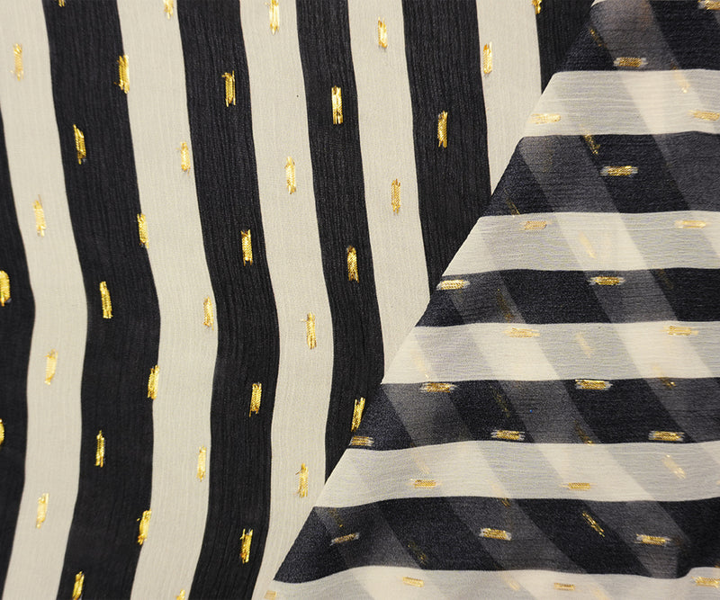 Black-Gold Viscose Metallic Stripe Chiffon Famous Designer Fabric