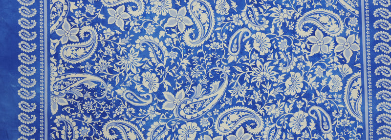Blue-Light Beige Cotton Paisley Border Poplin Designer Fabric