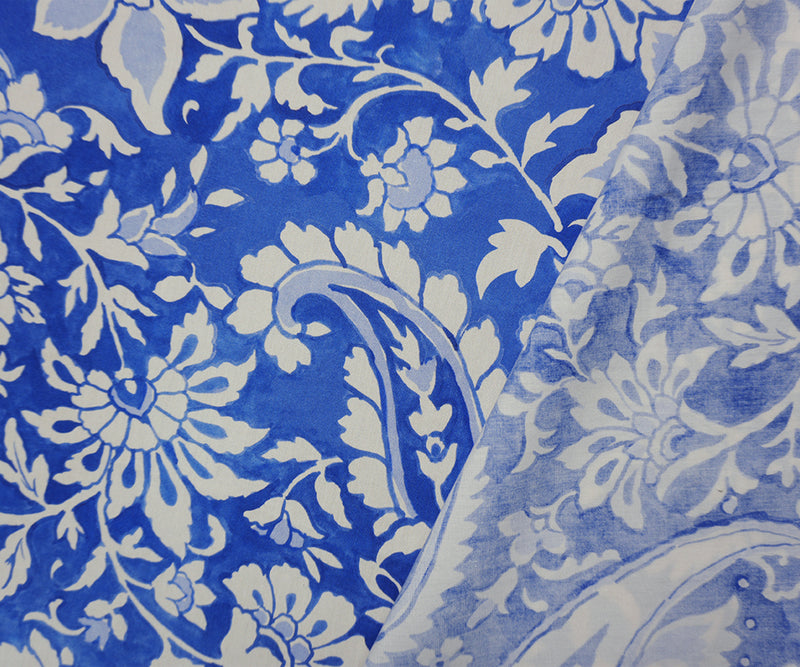Blue-Light Beige Cotton Paisley Border Poplin Designer Fabric