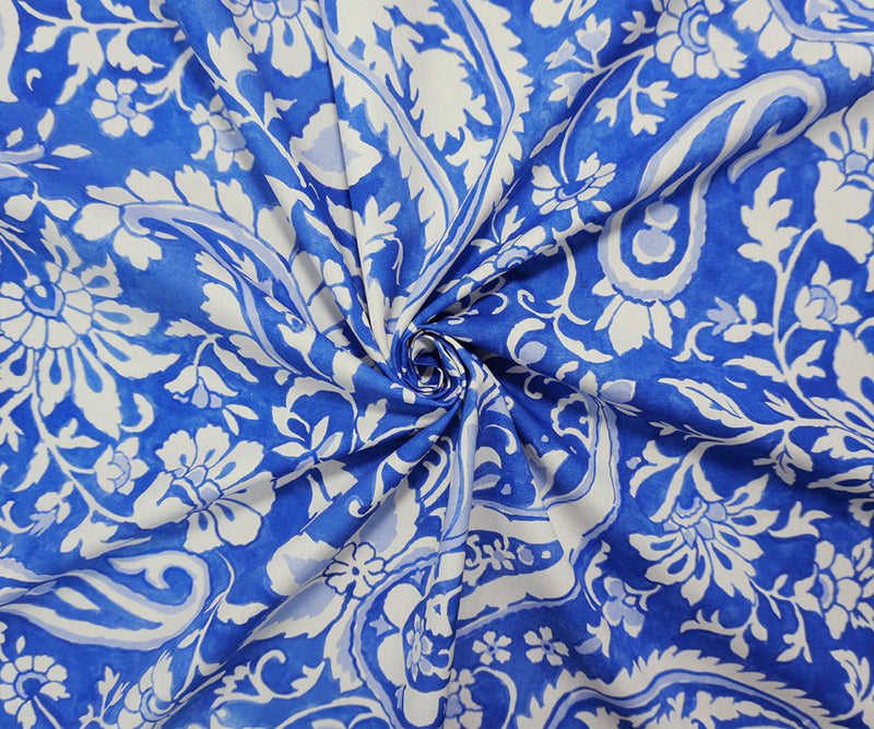 Blue-Light Beige Cotton Paisley Border Poplin Designer Fabric