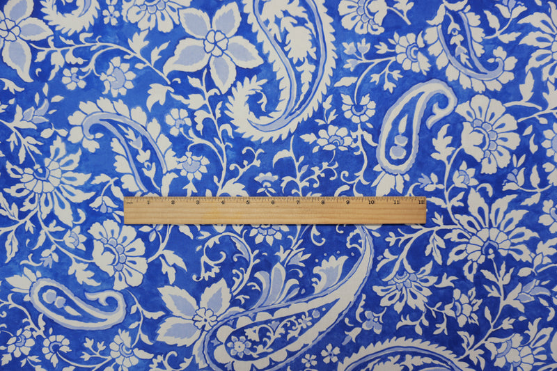 Blue-Light Beige Cotton Paisley Border Poplin Designer Fabric