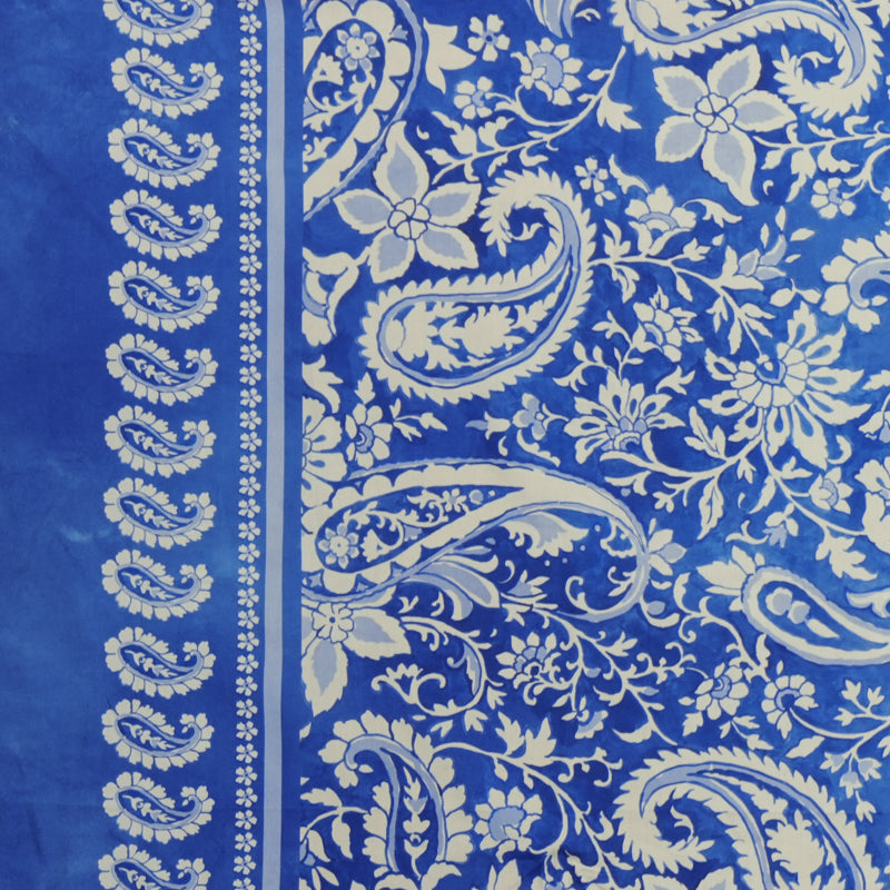 Blue-Light Beige Cotton Paisley Border Poplin Designer Fabric