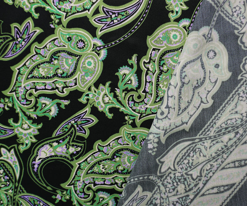 Black-Green Viscose Paisley Printed Satin Famous Designer Fabric