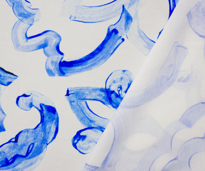 White-Blue Viscose Abstract Crepe Faille Famous Designer Fabric