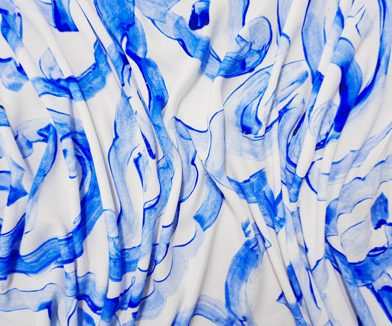 White-Blue Viscose Abstract Crepe Faille Famous Designer Fabric