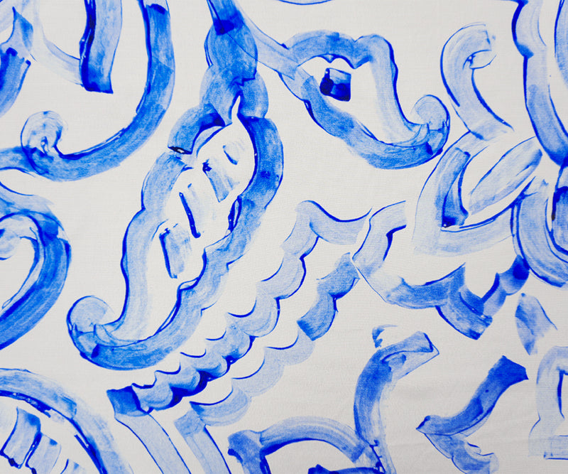 White-Blue Viscose Abstract Crepe Faille Famous Designer Fabric