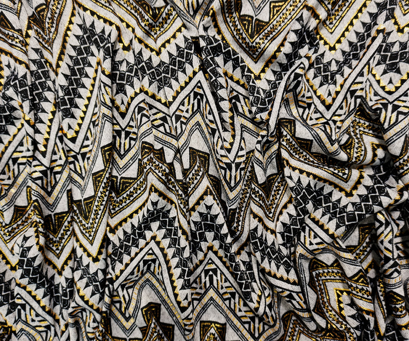 Gray-Gold Poly Blend Aztec Chevron Jersey Knit Designer Fabric