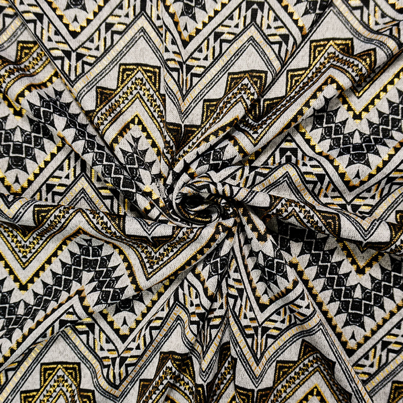 Gray-Gold Poly Blend Aztec Chevron Jersey Knit Designer Fabric