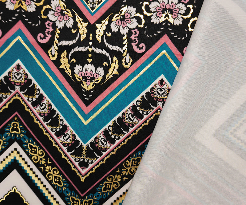 Black-Teal Poly Blend Floral Chevron Scuba Knit Fabric