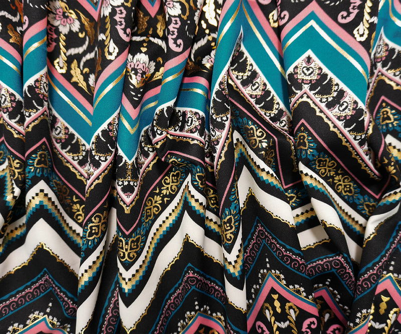 Black-Teal Poly Blend Floral Chevron Scuba Knit Fabric