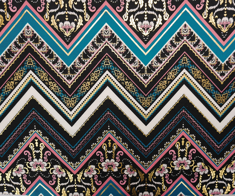 Black-Teal Poly Blend Floral Chevron Scuba Knit Fabric
