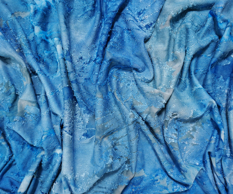 2 YD PC Blue Tie Dye Leaves Jacquard Jersey Knit Famous Designer Fabric