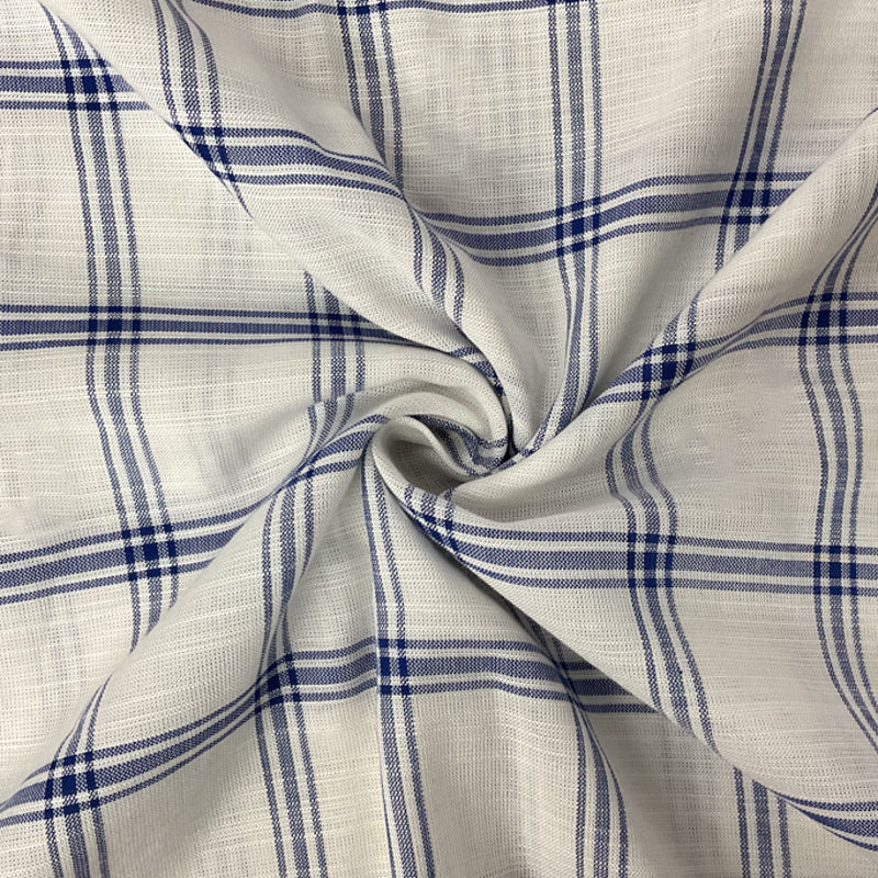 White-Blue Famous Maker Rayon Plaid Slub Woven Fabric