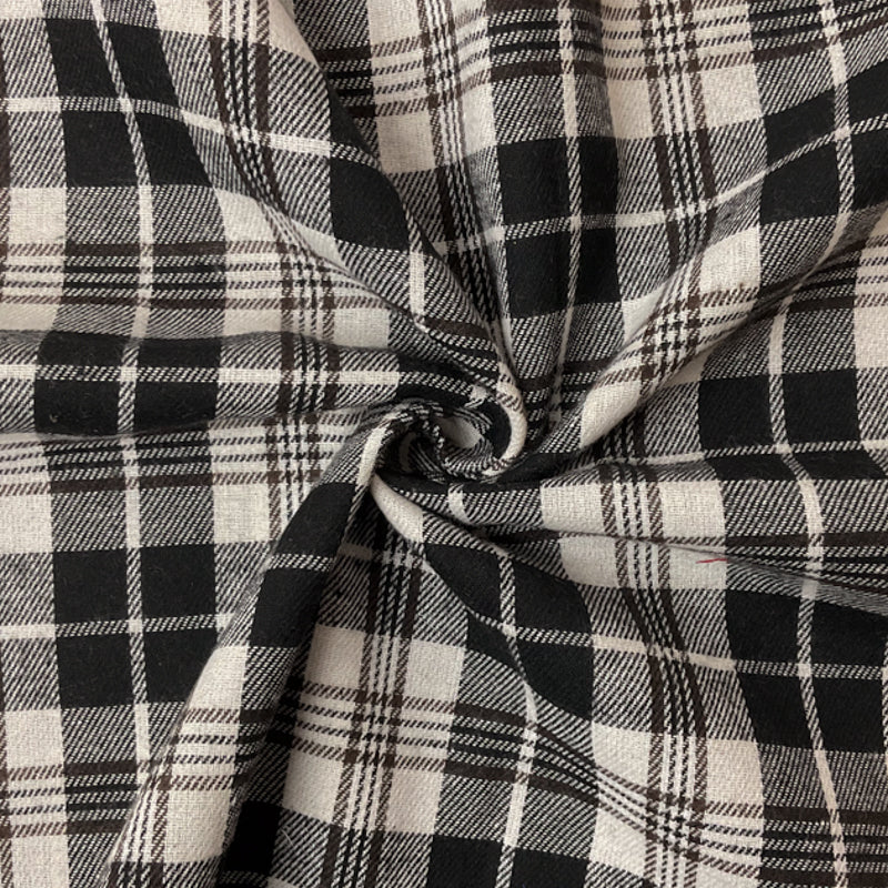 Black-White-Brown Poly Cotton Plaid Flannel Twill Woven Fabric