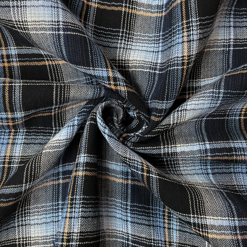 Blue-Black-Multi Cotton Plaid Herringbone Twill Woven Fabric
