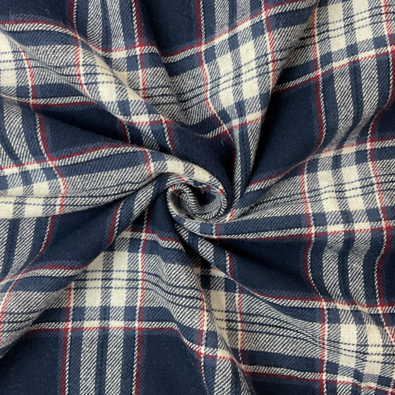 Navy-Red-White Cotton Plaid Flannel Twill Woven Fabric