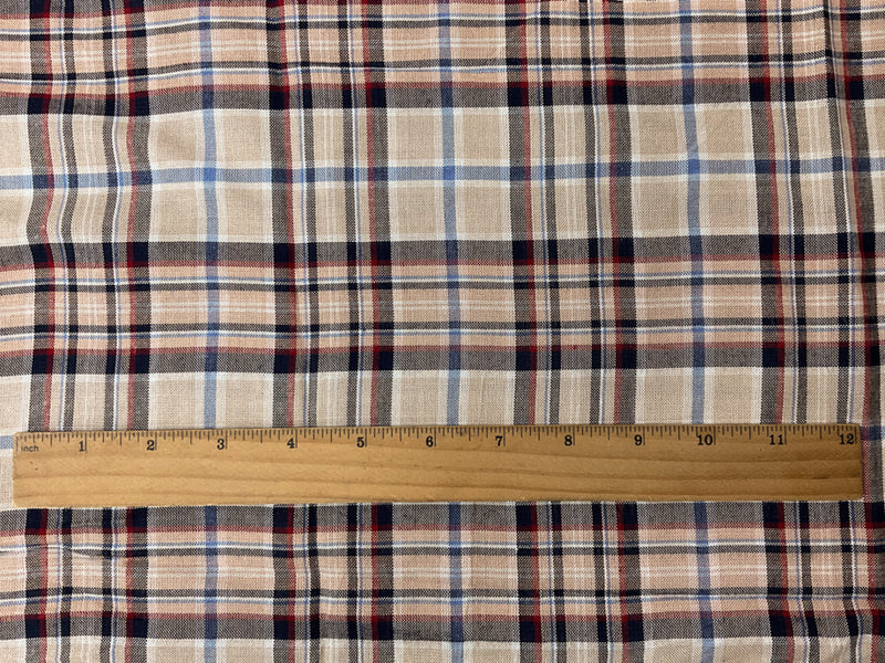 Beige-Red-Blue Rayon Plaid Woven Fabric