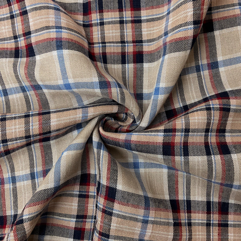 Beige-Red-Blue Rayon Plaid Woven Fabric