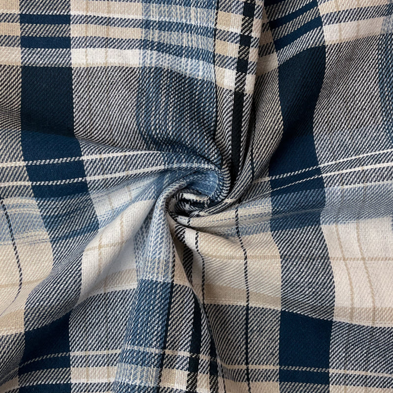 Blue-Taupe-Multi Cotton Plaid Flannel Twill Woven Fabric