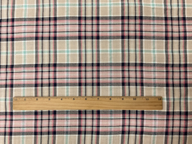 Beige-Pink-Multi Rayon Plaid Woven Fabric