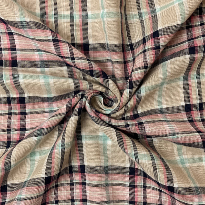 Beige-Pink-Multi Rayon Plaid Woven Fabric