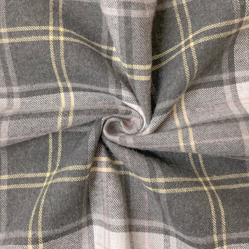Gray-Yellow-Multi Cotton Plaid Flannel Twill Woven Fabric
