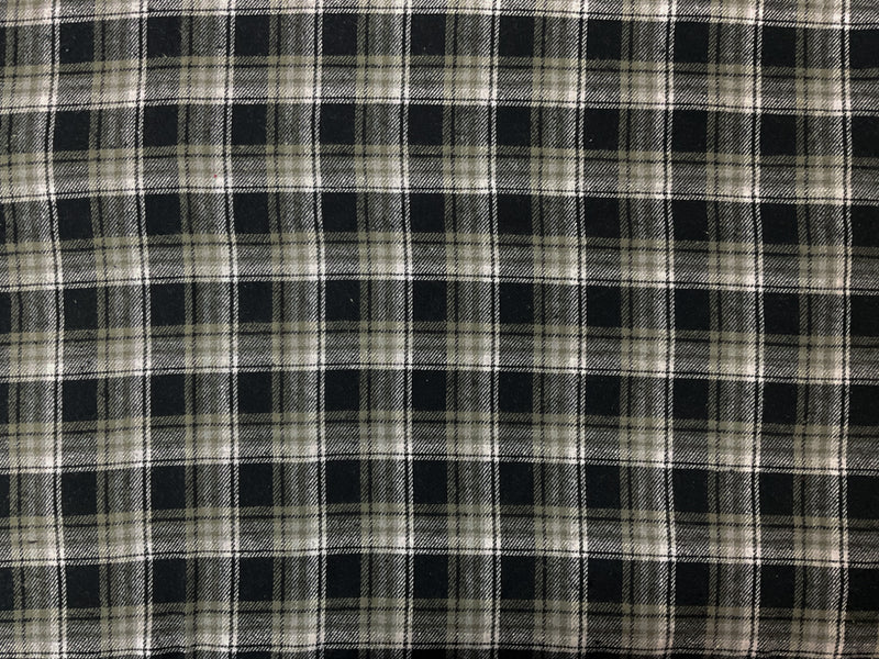 Black-Green-White Cotton Plaid Flannel Twill Woven Fabric