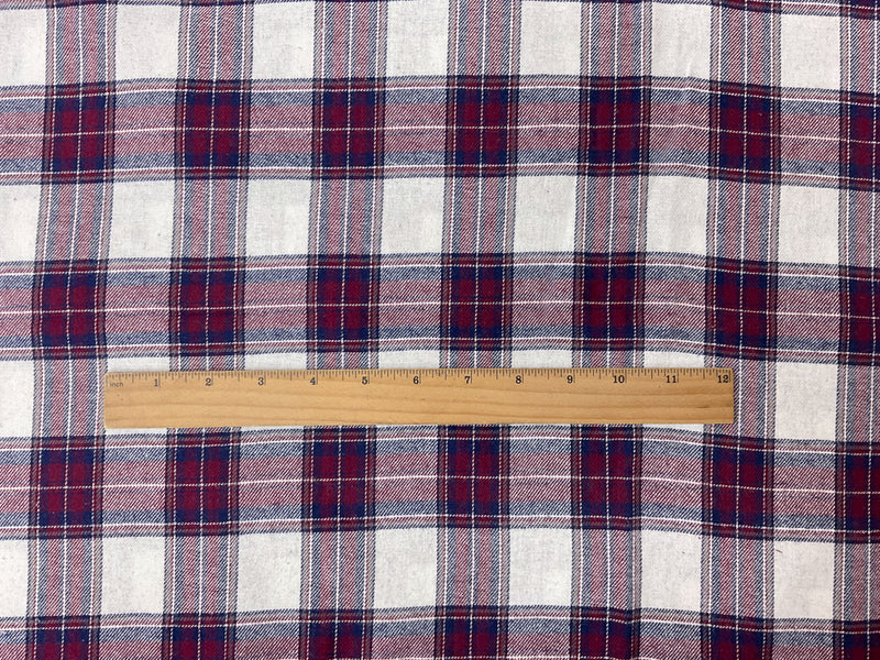 Burgundy-Blue-White Cotton Plaid Flannel Twill Woven Fabric