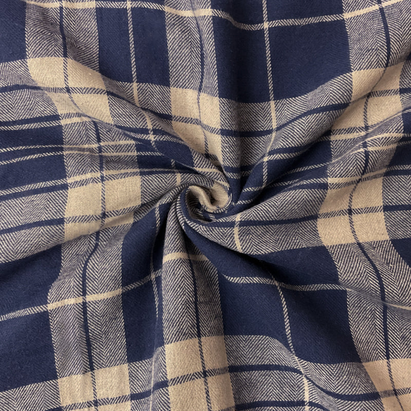 Blue-Taupe Brown Cotton Plaid Flannel Twill Woven Fabric