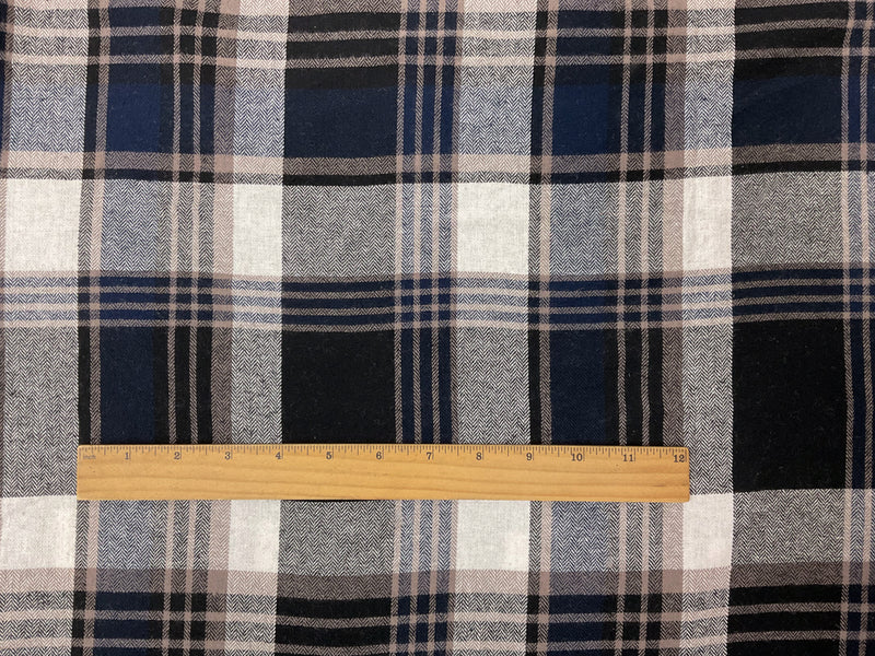 Navy-White-Black Cotton Plaid Flannel Twill Woven Fabric