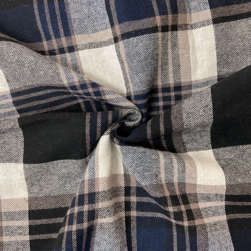 Navy-White-Black Cotton Plaid Flannel Twill Woven Fabric