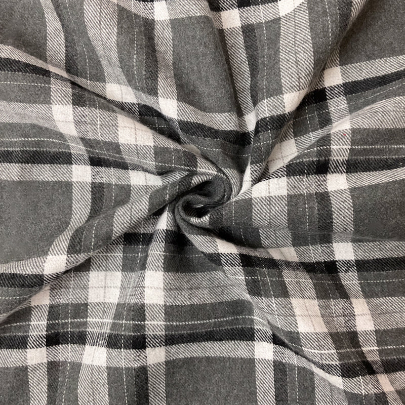 Gray-White-Black Cotton Plaid Flannel Twill Woven Fabric