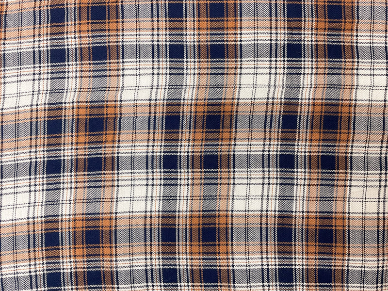 Brown-Navy-White Rayon Plaid Herringbone Twill Woven Fabric