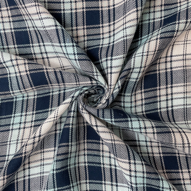 Navy-Gray-Multi Rayon Plaid Herringbone Twill Woven Fabric