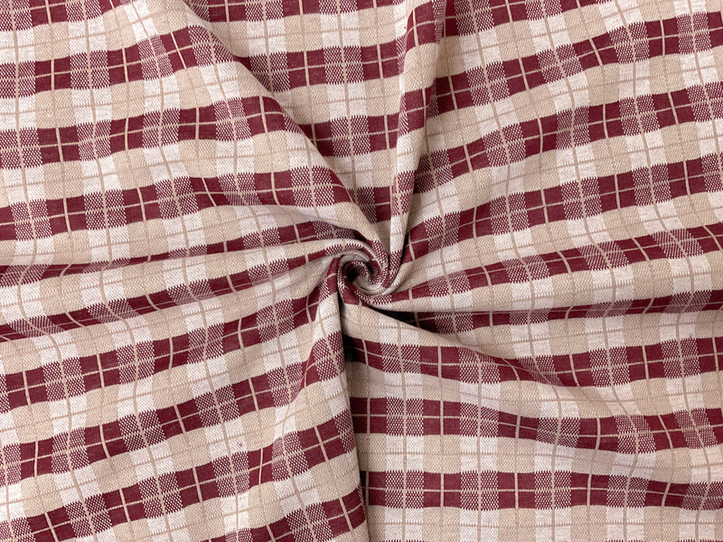 Red-Beige-White Poly Spandex Stretch Plaid Double Knit Fabric