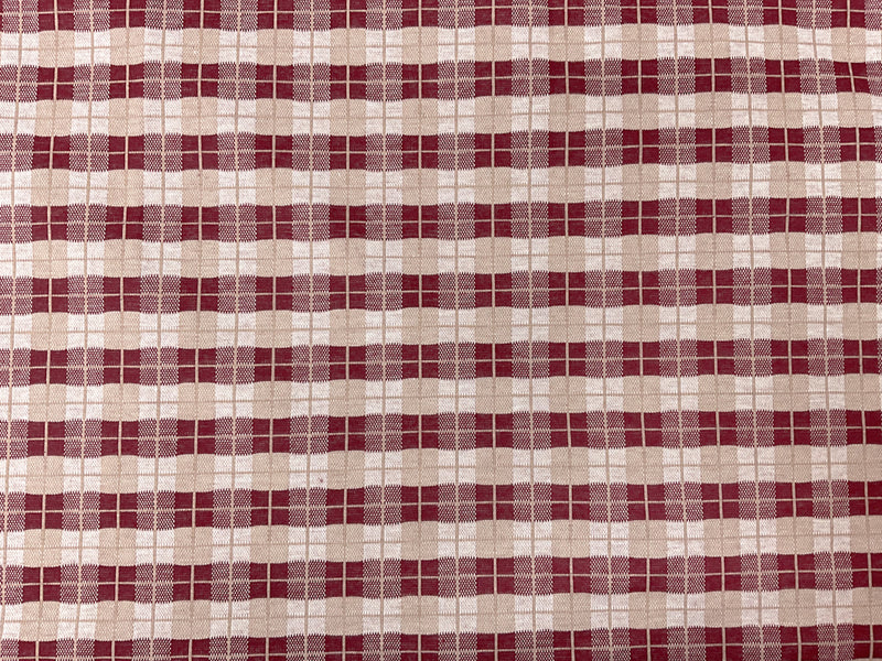 Red-Beige-White Poly Spandex Stretch Plaid Double Knit Fabric