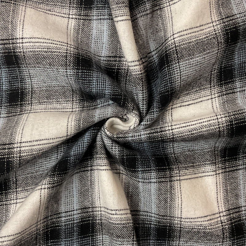 White-Black-Blue Cotton Plaid Flannel Twill Woven Fabric