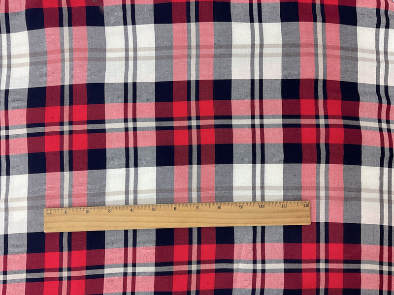 Red-Deep Navy-White Rayon Plaid Twill Woven Fabric