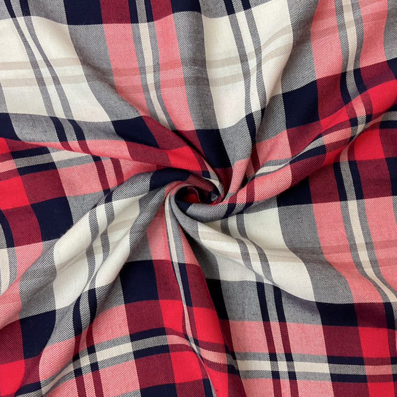 Red-Deep Navy-White Rayon Plaid Twill Woven Fabric