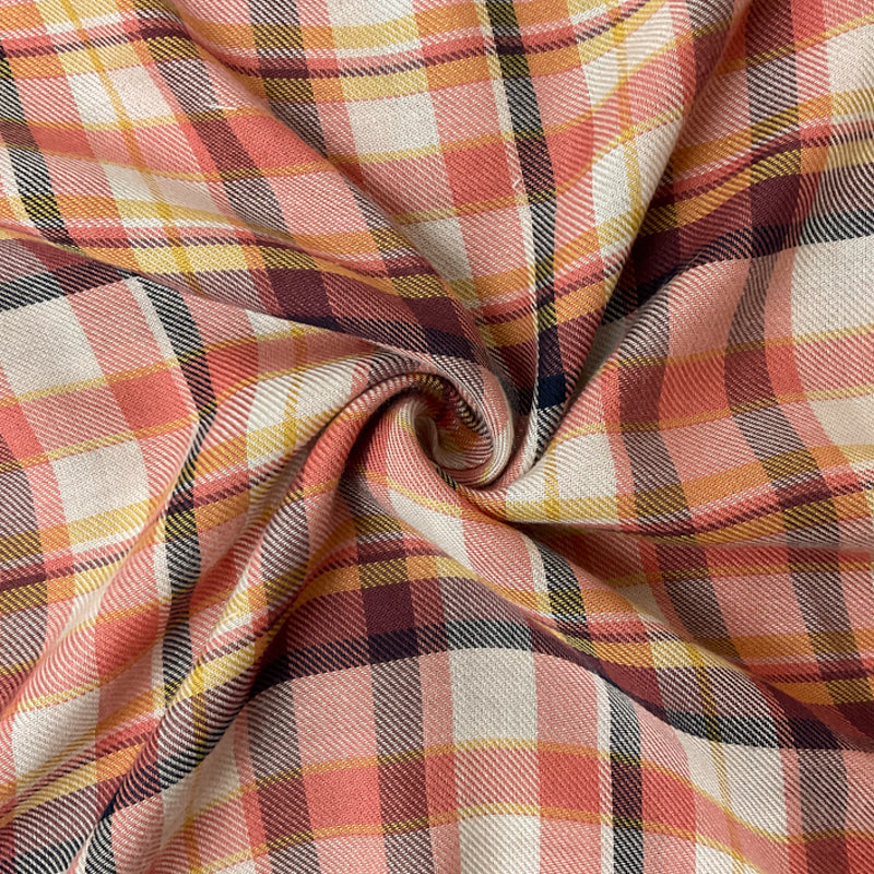 Coral-Yellow-Multi Rayon Plaid Twill Woven Fabric