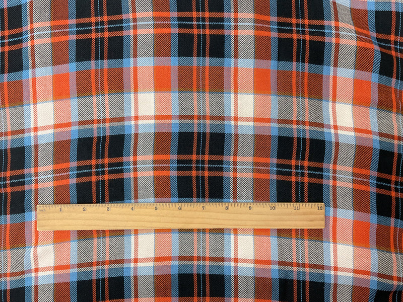 Orange-Navy Rayon Plaid Twill Woven Fabric